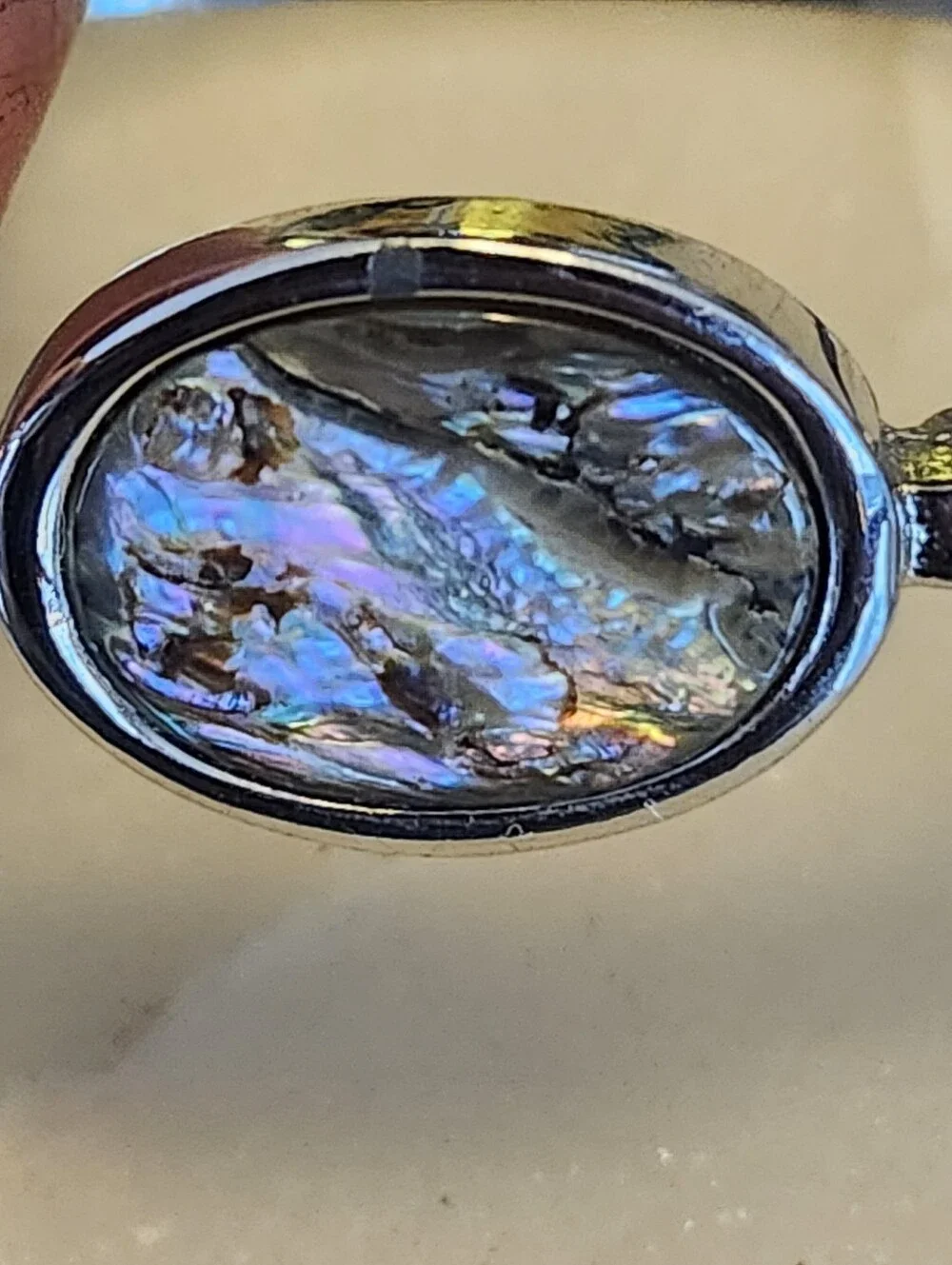 Avon Silver Tone & Gold Accent Abalone Oval Stone Hinged Bangle Bracelet